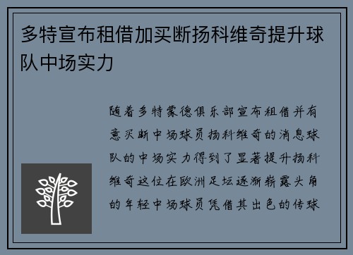 多特宣布租借加买断扬科维奇提升球队中场实力 多特宣布租借加买断扬科维奇提升球队中场实力